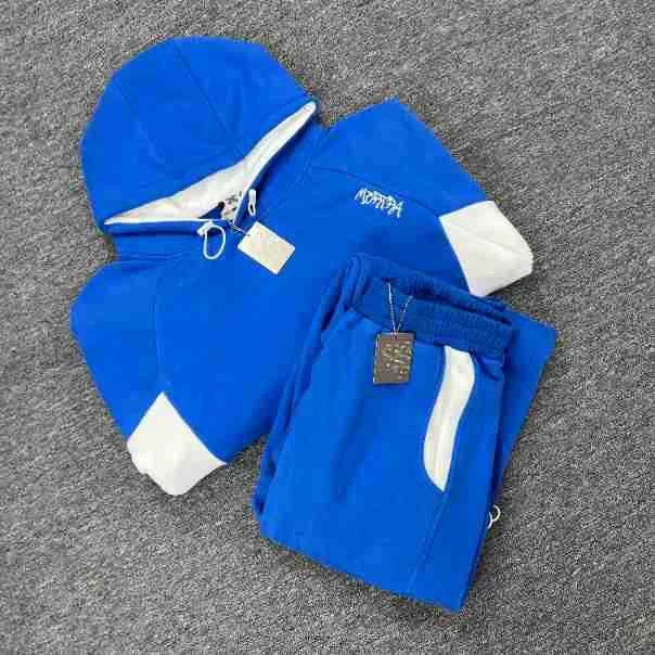 Mertra Contrast Colorblock Fleece Tracksuit Set - Royal Blue/White