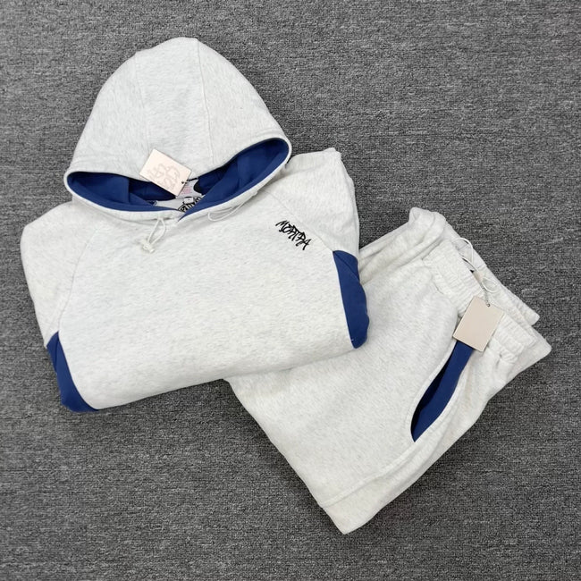 Mertra Contrast Colorblock Fleece Tracksuit Set - Light Grey/Blue Hover Image